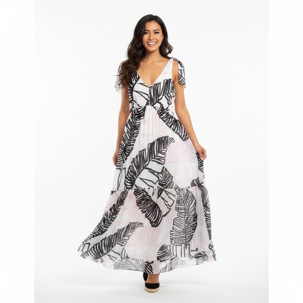 NWT Thakoon Addition Tie Shoulder Long Maxi Dress 2 Pink Black Leaf Print Lined